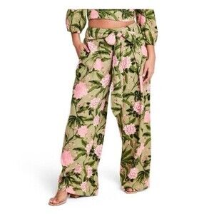 Agua Bendita Olive Green Wide-Leg Floral Pants with Pink Blooms